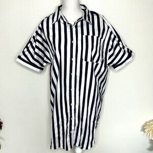 A New Day Shirt Dress Sz M Black White Stripe Button Up Cotton Preppy Minimal